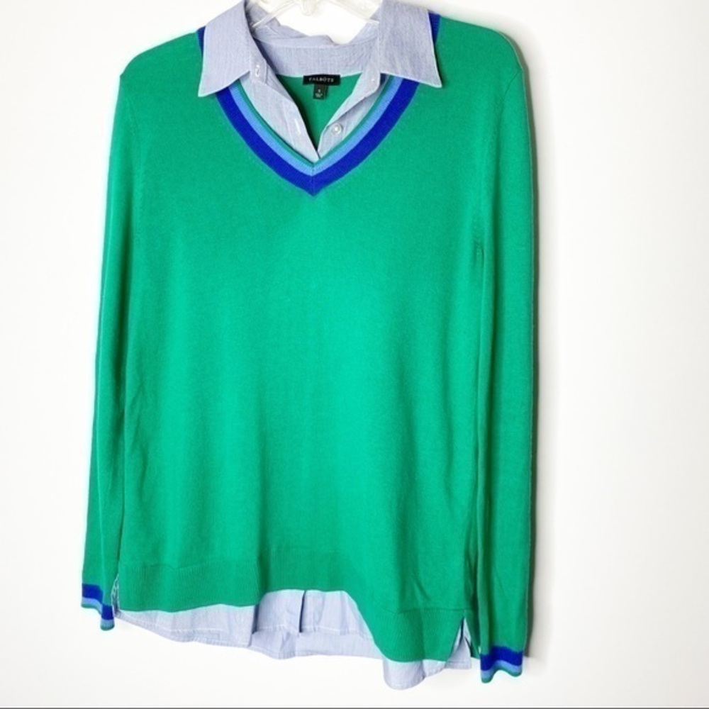 Talbots Green V-Neck Sweater with Faux Button‎ Down Sz Small